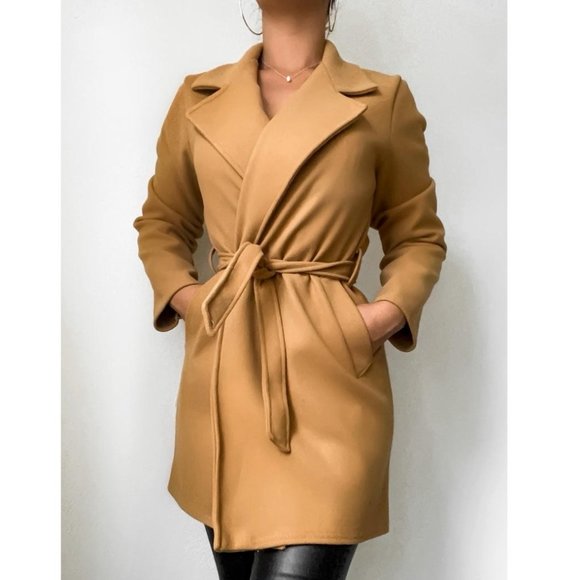 Jackets & Blazers - Camel Wool Blend Long Sleeve Belted Coat
